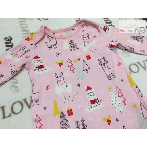 Mothercare 1-3 hó 56-62 cm rózsaszín, télapó-rénszarvas-nyuszi mintás  pamut lány karácsonyi tipegő / rugdalózó - újszerű,hibátlan