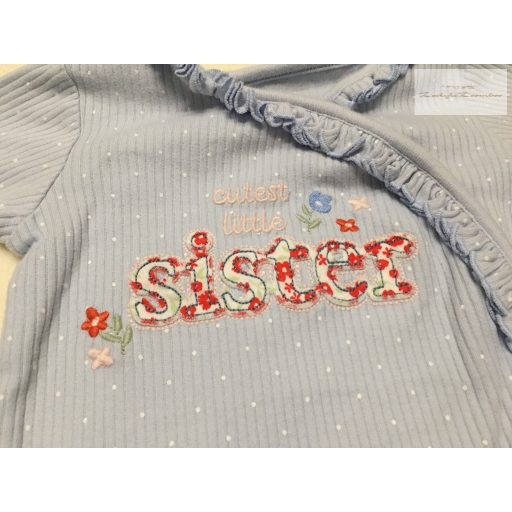 Nutmeg 0 -3 hó 62 cm világoskék, Cutest Little Sister feliratos pamut lány rugdalózó-  újszerű,hibátlan