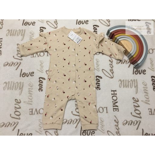 Matalan 3-6 hó 62-68 cm bézs, apró virágmintás bolyhos belsejű puha pamut lány rugdalózó/ kezeslábas--új, címkés