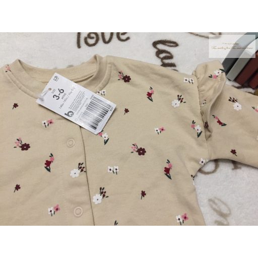 Matalan 3-6 hó 62-68 cm bézs, apró virágmintás bolyhos belsejű puha pamut lány rugdalózó/ kezeslábas--új, címkés