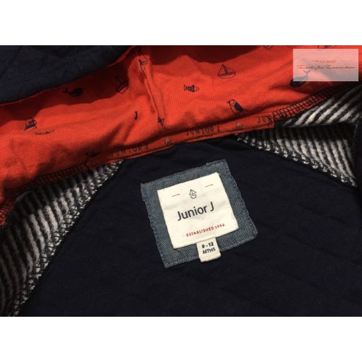 Debenhams Junior J. 9-12 hó 74-80 cm kék, ujján csíkos vastagabb pamut fiú rugdalózó/ kezeslábas - újszerű,hibátlan