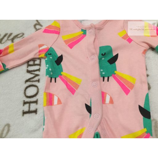 F§F tiny baby 44 cm 2,25 kg rózsaszín, toucan mintás pamut lány rugdalózó - új, átnőtt, csak átmosva