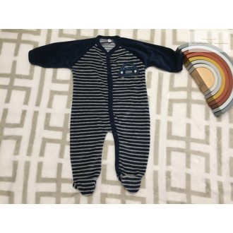   Up to 3 month 62 cm kék - fehér csíkos, autó mintás puha plüss fiú rugdalózó - újszerű,hibátlan