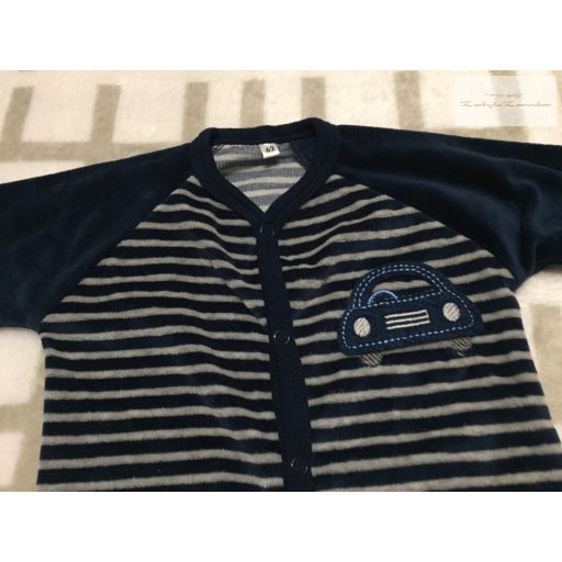 Up to 3 month 62 cm kék - fehér csíkos, autó mintás puha plüss fiú rugdalózó - újszerű,hibátlan