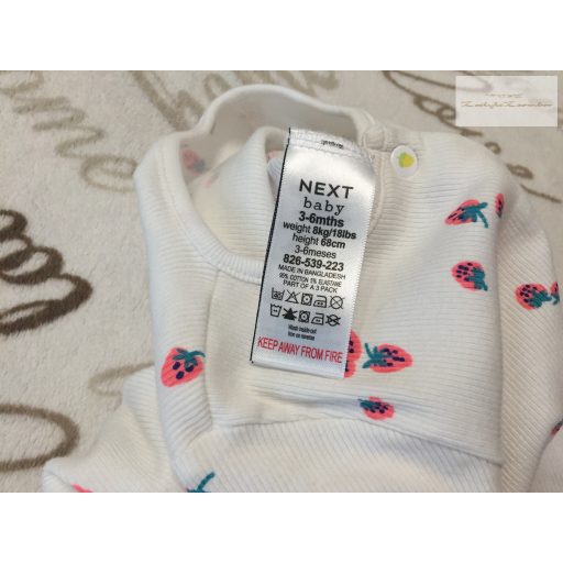 Next 3-6 hó  68 cm eper mintás bordázott pamut lány rugdalózó -újszerű, hibátlan