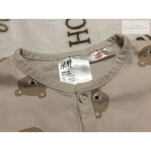 H§M 9 - 12 hó 80 cm tejeskávé alapon maci mintás vékony pamut fiú rugdalózó/ kezeslábas -újszerű,hibátlan