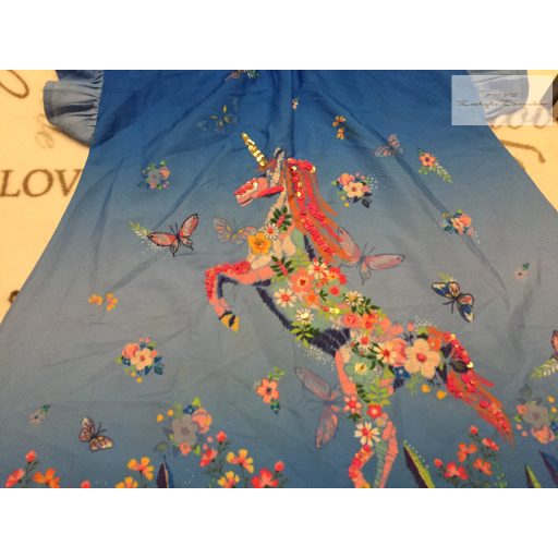 Monsoon 7-8 év 122-128 cm  kék, unikornis-virágmintás lehelet vékoyn lány tunika/ ruha- újszerű,hibátlan