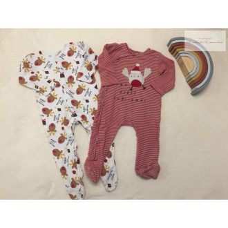   George 9 - 12 hó 74 - 80 cm bézs-piros, rénszarvas mintás pamut fiú rugdalózó szett 2 db-újszerű,hibátlan