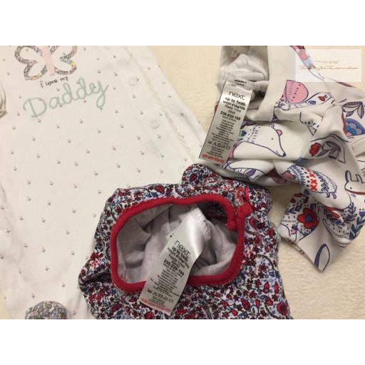 Next up to 1 month 4, 5 kg virág-  állat mintás, I Love my Daddy feliratos pamut lány  rugdalózó szett 3 db-újszerű,hibátlan