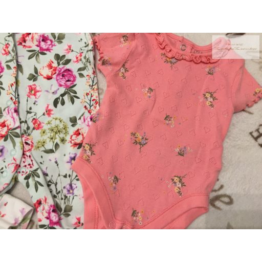 Next 3-6 hó  68 cm virágmintás pamut lány rugdalózó 2 db és body szett 3 db -újszerű, hibátlan
