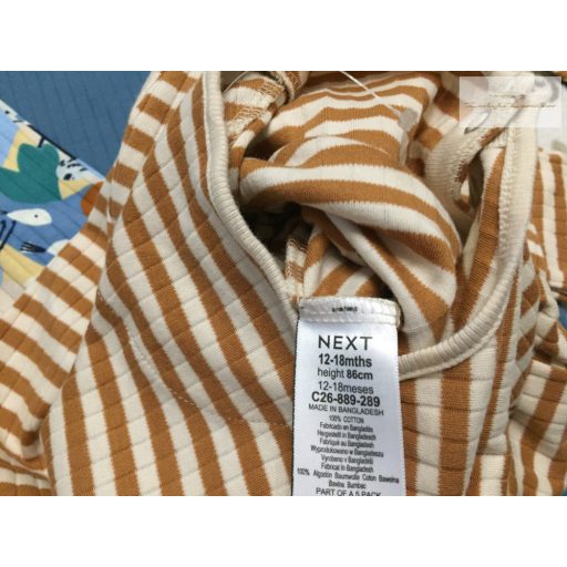 Next 12-18 hó 86 cm kék - barna csíkos és állat  mintás pamut fiú rugdalózó szett 3 db  - új,szettet bontottam
